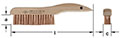 Image showing a wooden-handled wire brush with dimensions labeled. The brush has bristles arranged in sixteen rows. The labels show the measurements: height "a," length "l," and bristle length "c." The handle has a slightly curved, ergonomic design with b